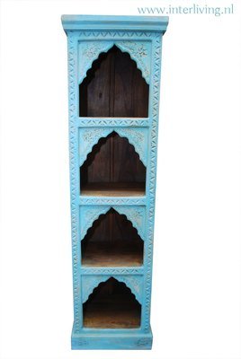 boekenkast mangohout - blue washed - houtsnijwerk boekenkast mangohout - blue washed - houtsnijwerk