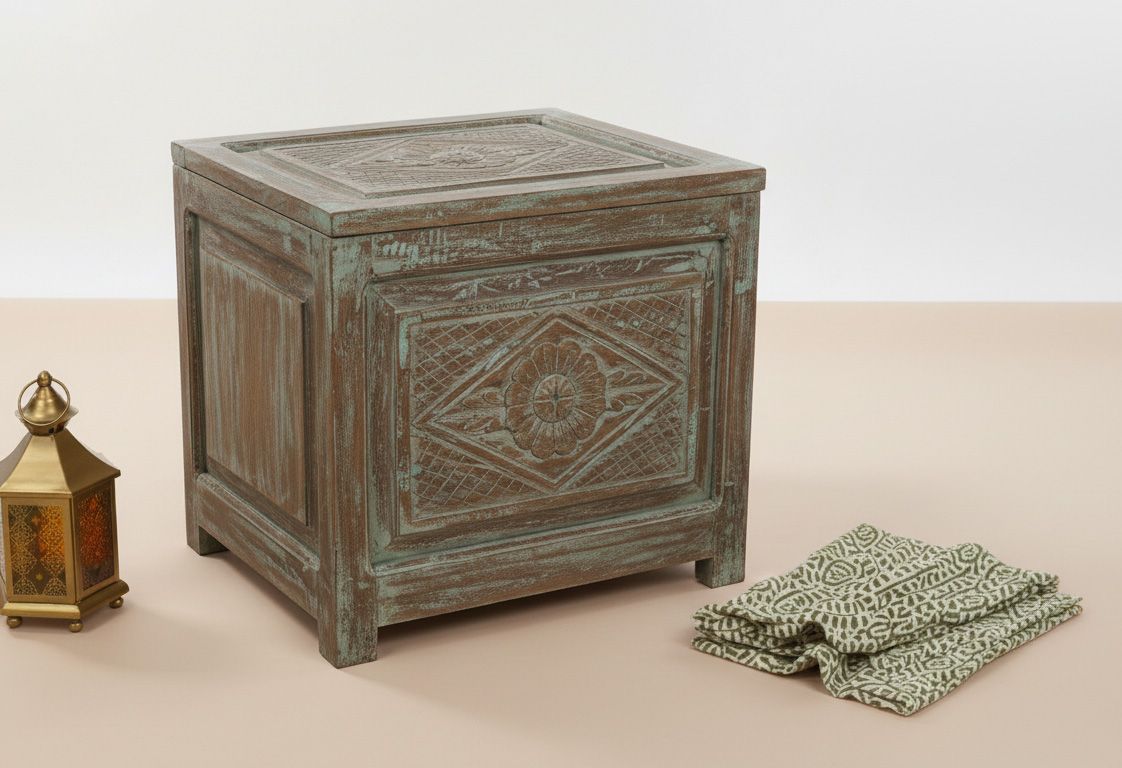 dekenkist "Maharadja" van gegraveerd mangohout in vintage India jaipur turquoise blue - opbergmeubel / bijzet-tafel