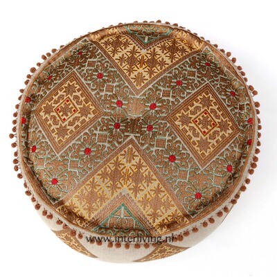 poef rond in goud &amp; tobacco bruin tinten geometrische Marokkaanse jacquard patronen - pom pom rand - Ø 50 cm / 25 cm hoog