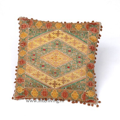 sierkussen in goudbruin tinten met ecru &amp; goud kleur - geweven geometrische Marokkaanse jacquard patronen - pom pom rand - 40 cm