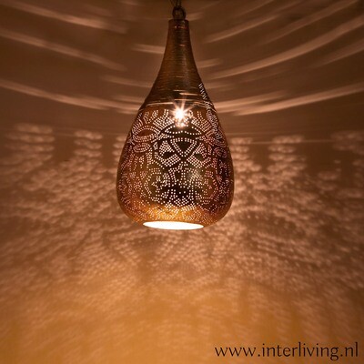 hanglamp "Bindi" in "drop wire "stijl of oosters druppel model lamp met gaatjespatronen van oosters filigrain design - vintage koper + gratis bijpassende set wxinehouders!