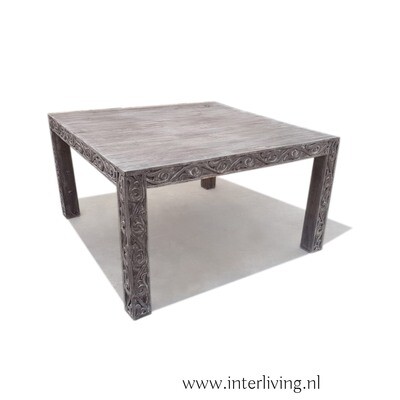 eettafel van massief mango hout met houtsnijwerk lotus & grey wash finish