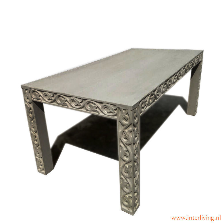 eettafel van massief mango hout met houtsnijwerk lotus &amp; grey wash finish