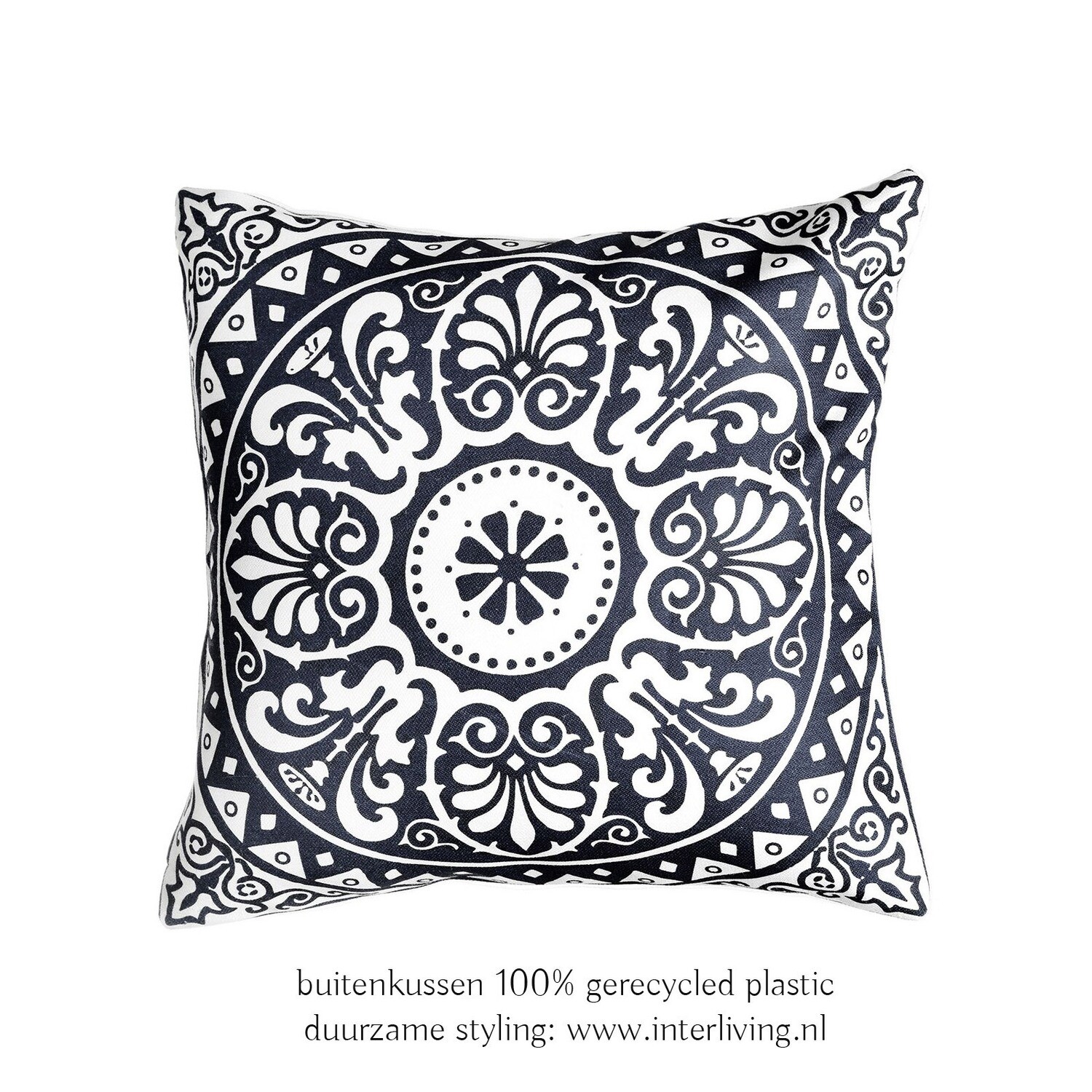 buitenkussen  in mediterraans tegel patroon /donker blauw &amp; wit -  eco plastic-  100% recycled soda flessen -  boho chic tuin styling