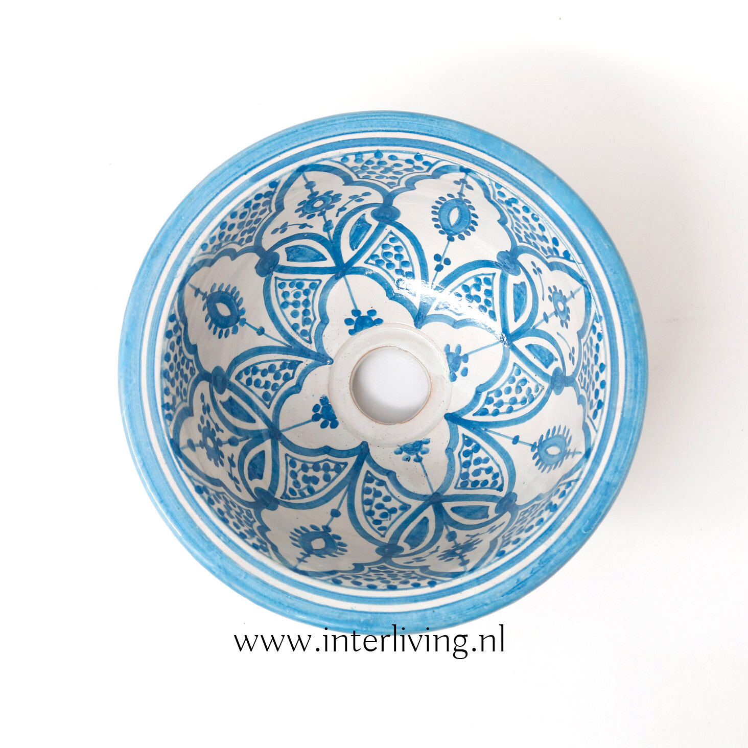 Marokkaanse waskom Marokkaanse waskom "Fonteinkom Fez" met licht blauw op wit patronen "S36" - klein rond model - aardewerk (opbouw) wasbak Ø 25 cm