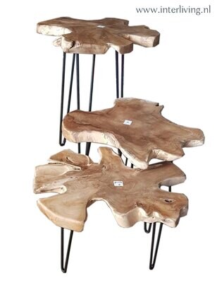 salontafel - organische bijzettafel met boomstam tafelblad - teak root design - massief hout met drie stalen hairpin poten zwart - industrieel grillig stoer & uniek