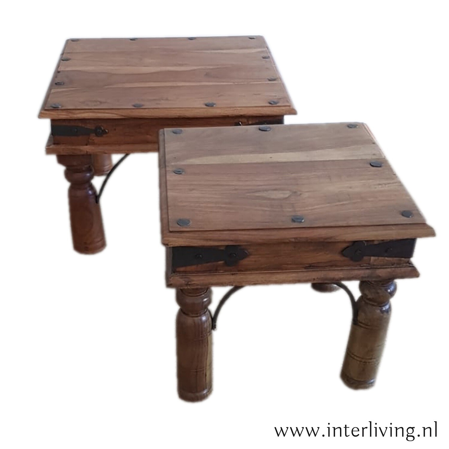 salontafel  medium - authentieke Bajot tafel uit India - vierkante koffietafel of theetafel - massief teakhout in stoere look met zwart metaal smeedijzer