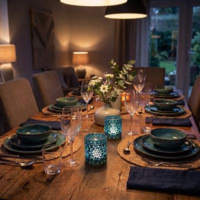 Twee stuks waxinehouder glasmozaïek blauw