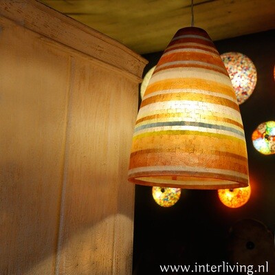 retro 70's hanglamp XL met vintage pop kringen patroon - kleurrijk rood, oranje,  wit mix in mozaïek design - hoog 60 cm /  Ø 39 cm - unieke mid-century modern sfeerverlichting