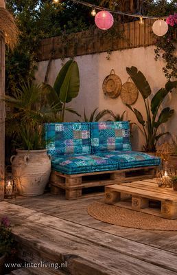 Palletkussen set Ibiza blue - aqua &amp; blauw tinten velvet bont patchwork - fluwelen lounge zitkussen - Oriëntal chic handgemaakt uit India