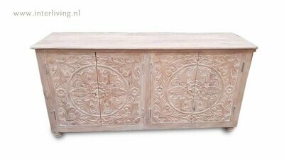 Dressoir "ibiza washed" mangohout met lotus houtsnijwerk 150 x 76 x 40 cm