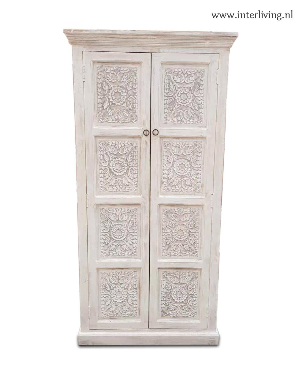 Ibiza kast van hout met lotus houtsnijwerk uit India  - 180 cm hoog / 90 cm breed / 40 cm diep -  8 panelen met houtsnijwerk - white washed finish met 2 deuren