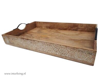 mangohouten dienblad - Ibiza / aztec stijl - 58 x 37 cm met ijzeren handvaatjes