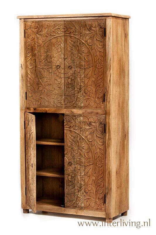 oosterse buffet kast hoog model - unfinished met lotus houtsnijwerk & 4 deuren