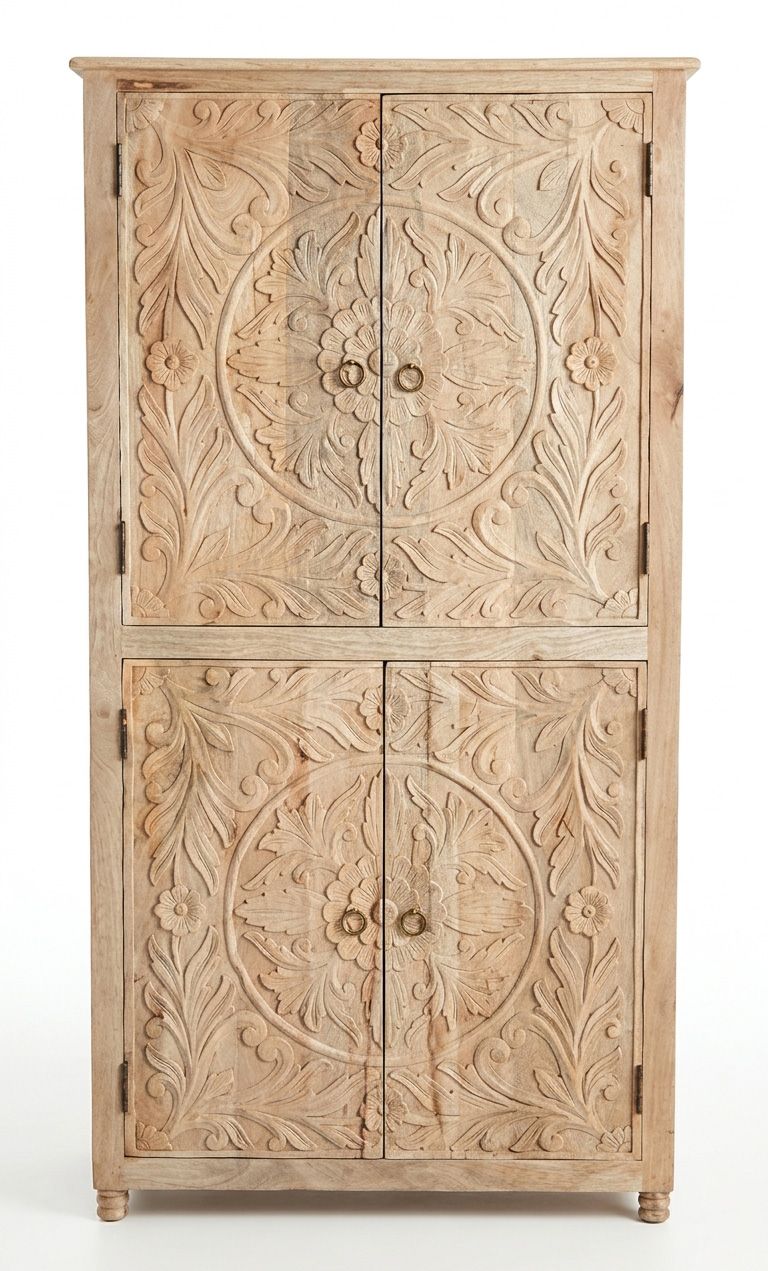 oosterse buffet kast hoog model - unfinished mangohout met lotus houtsnijwerk & 4 deuren oosterse buffet kast hoog model - unfinished mangohout met lotus houtsnijwerk & 4 deuren