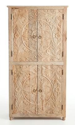 oosterse buffet kast hoog model - unfinished mangohout met lotus houtsnijwerk & 4 deuren