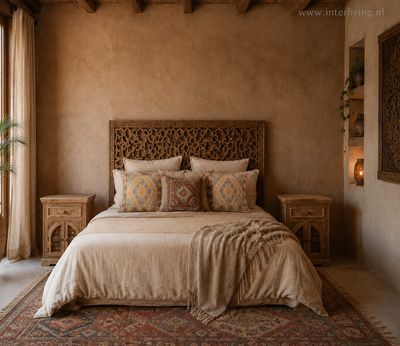 nachtkastje mangohout "Ganesha"  - white, grey washed of naturel- houtsnijwerk met open gewerkte bogen deurtjes