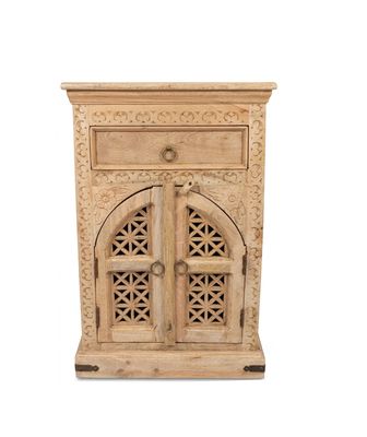 nachtkastje mangohout "Ganesha"  - white, grey washed of naturel- houtsnijwerk met open gewerkte bogen deurtjes