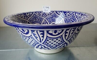 Marokkaanse waskom "Fonteinkom Fez" met inkt blauw geschilderde patronen op wit "L309" - groot rond model van aardewerk (opbouw) wasbak Ø 40 cm