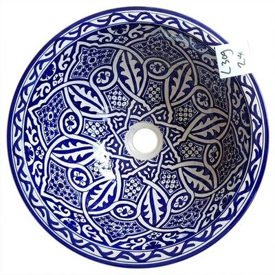 Marokkaanse waskom "Fonteinkom Fez" met inkt blauw geschilderde patronen op wit "L309" - groot rond model van aardewerk (opbouw) wasbak Ø 40 cm