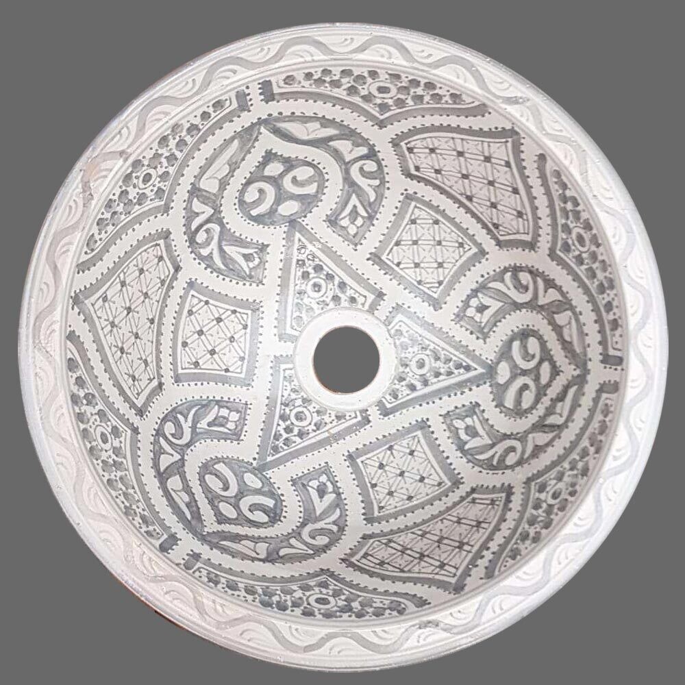 Marokkaanse waskom "Boho grey" uit Fez met zacht grijze pasteltinten - "L500" - aardewerk (opbouw) wasbak Ø 40 cm