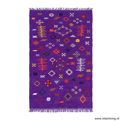 kelim tapijt paars - vintage vloerkleed geometrische kleurrijke patronen - 250 x 135 cm