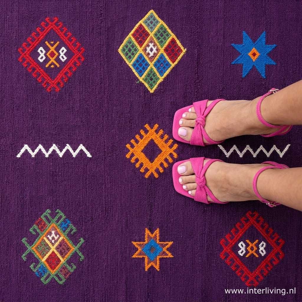 kelim tapijt paars - vintage vloerkleed geometrische kleurrijke patronen - 250 x 135 cm
