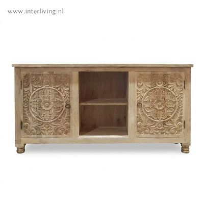 TV kast / Dressoir unfinished mangohout met lotus houtsnijwerk 150*76*40 cm