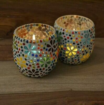 Twee stuks waxinehouders mozaiek multi colour flower design -bohemian woonaccessoires