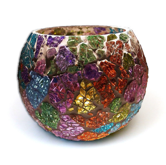 Waxinehouder multi color gebroken glas of craquelle - crackle glass