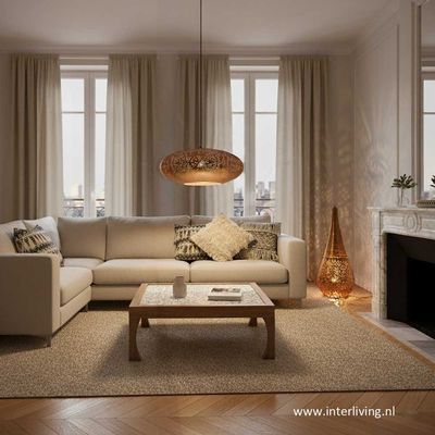 XXL vloerlamp "Stupa" - geperforeerd koperkleurig metaal van filigrain gaatjespatronen met gedraaid metaaldraad - 110 cm hoog