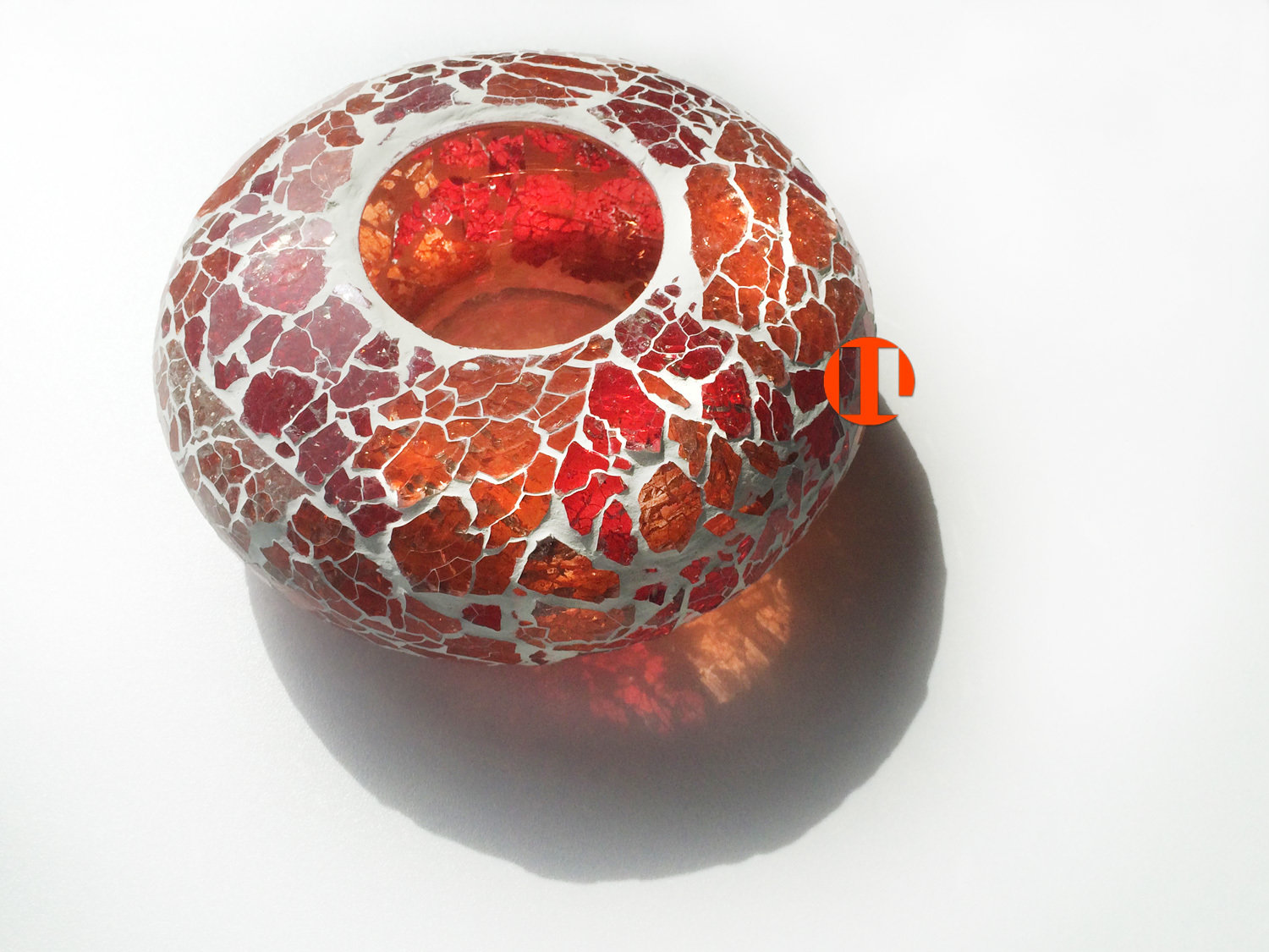 Waxinehouder model ufo rood oranje gebroken glas - crackle glass