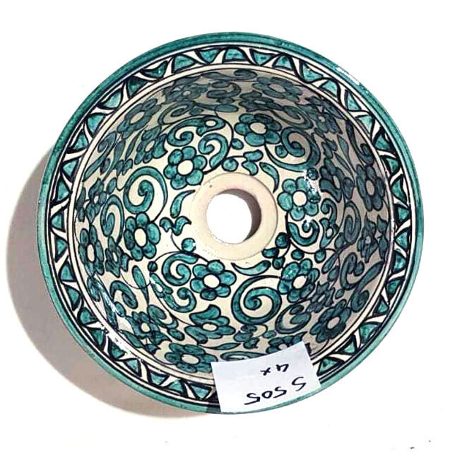 Marokkaanse waskom "aqua flowers"- aardewerk (opbouw) wasbak uit Fez - Ø 25 cm