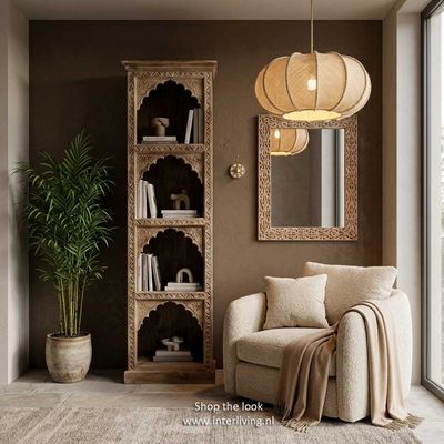 boekenkast mangohout - naturel - houtsnijwerk