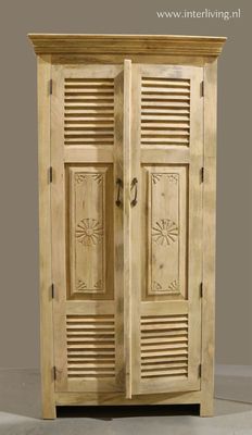 Ibiza kast / massief hoge mangohouten kast 180*90*40 cm - naturel - met oude luiken (shutters) en houtsnijwerk