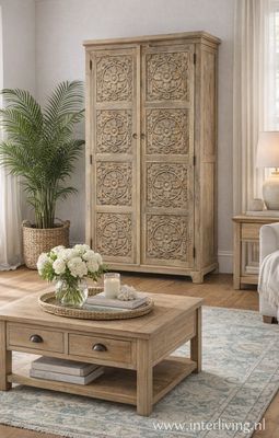 Ibiza kast van hout met lotus houtsnijwerk uit India  - 180 cm hoog -  8 panelen met houtsnijwerk - naturel met 2 deuren