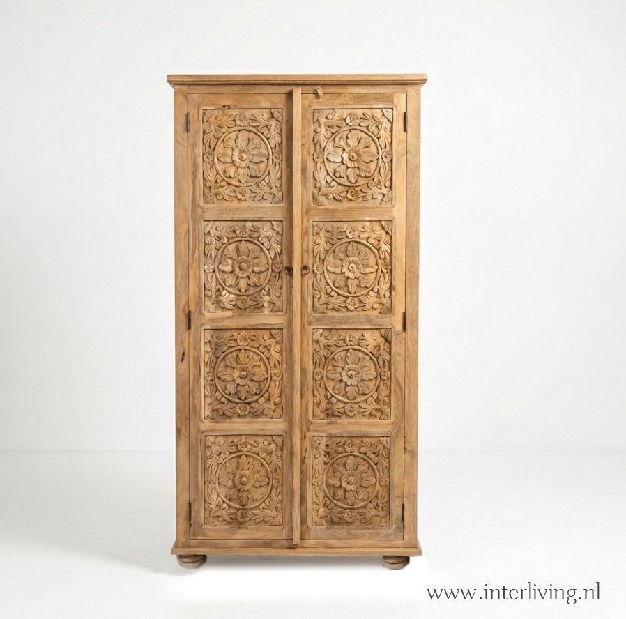 Ibiza kast van hout met lotus houtsnijwerk uit India  - 180 cm hoog -  8 panelen met houtsnijwerk - naturel met 2 deuren
