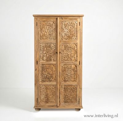 Ibiza kast van hout met lotus houtsnijwerk uit India  - 180 cm hoog -  8 panelen met houtsnijwerk - naturel met 2 deuren