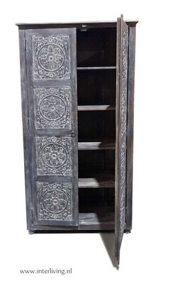 Ibiza kast van hout met lotus houtsnijwerk uit India  - 180 cm hoog -  8 panelen met houtsnijwerk - greywashed finish met 2 deuren