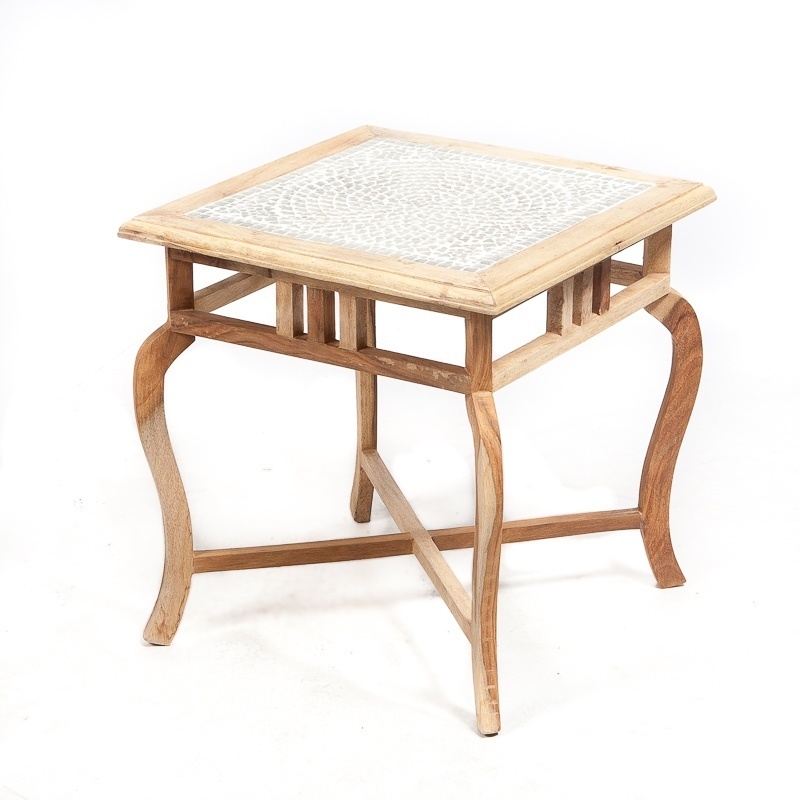 Bijzettafeltje: bloemtafel naturel hout / vierkant tafelblad van wit (transparant) mozaïek 38*38*40 cm