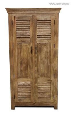 Ibiza kast / massief hoge mangohouten kast 180*90*40 cm met oude luiken (shutters) en houtsnijwerk - naturel noten