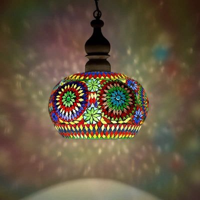 Open Hanglamp multi colour glasmozaïek met massief hout
