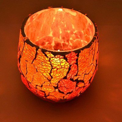 Twee stuks waxinehouders gebroken glas rood oranje - crackle glass