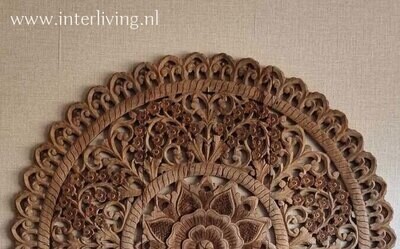 groot rond lotus "bedboard" wandpaneel 140 cm of 180 cm doorsnede - 3 cm dik massief mangohout  - mandala houtsnijwerk - muurdecoratie