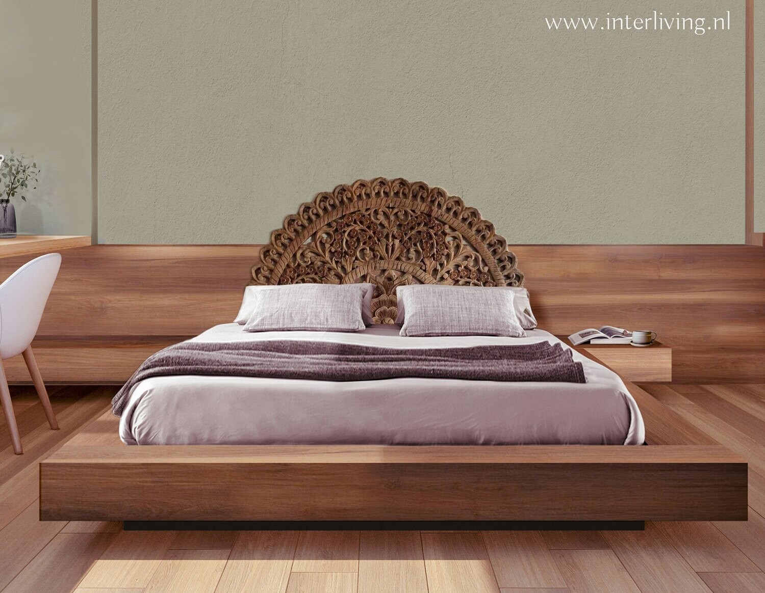 groot rond lotus "bedboard" wandpaneel 140 cm of 180 cm doorsnede - 3 cm dik massief mangohout  - mandala houtsnijwerk - muurdecoratie