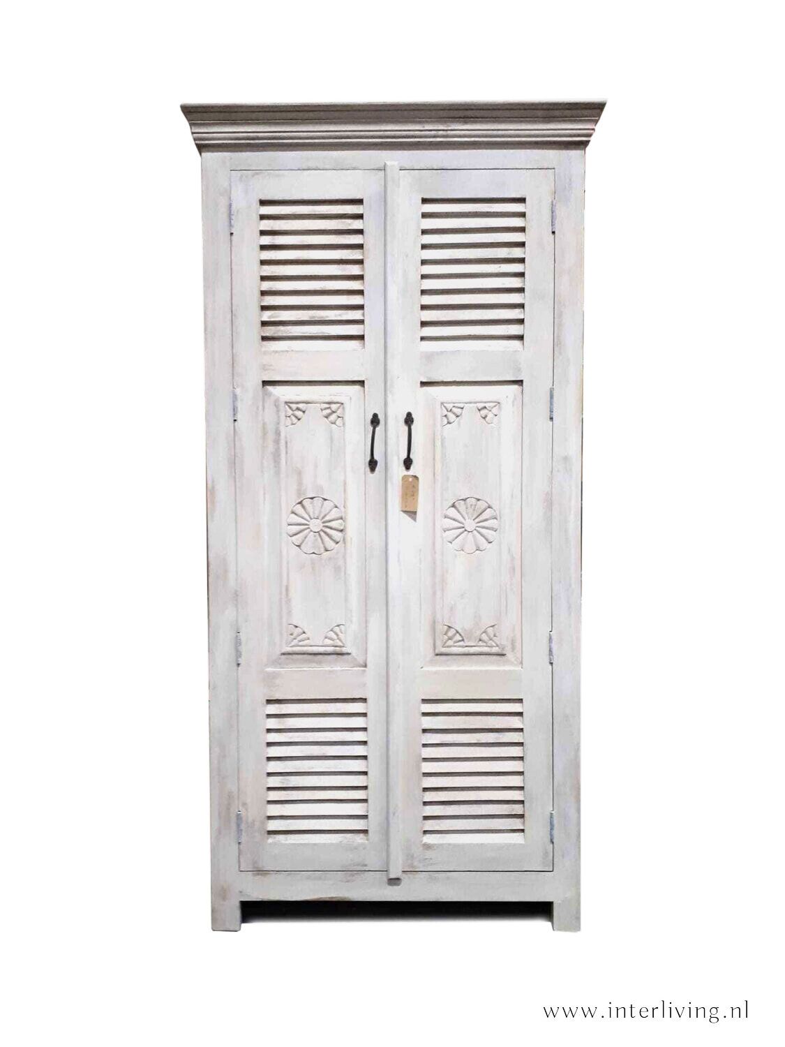 Ibiza cupboard / solid high weathered wooden cupboard grey washed 180*90*40 cm with old shutters and woodcarving