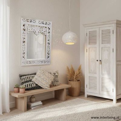 Ibiza cupboard / solid high weathered wooden cupboard grey washed 180*90*40 cm with old shutters and woodcarving