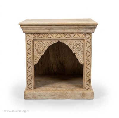 altaar kast van naturel mangohout - huisaltaar met boogje & gekerfd houtsnijwerk