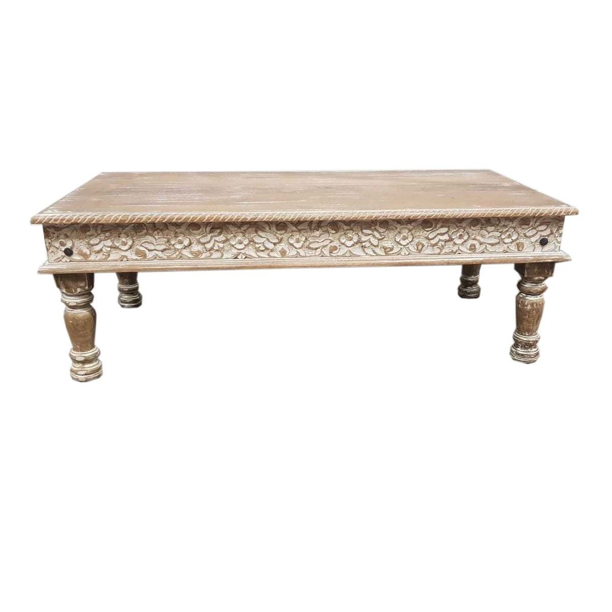 salon tafel mangohout met houtsnijwerk - 120x60 cm  - vintage white wash