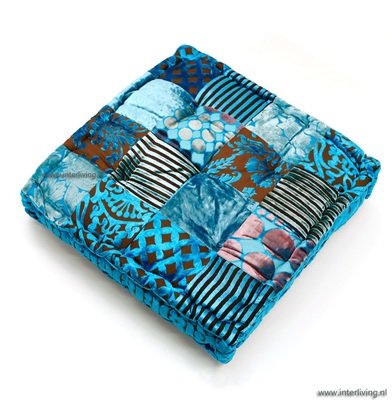 vloerkussen velvet patchwork AQUA blauw tinten 45 x 45 x 10 cm
